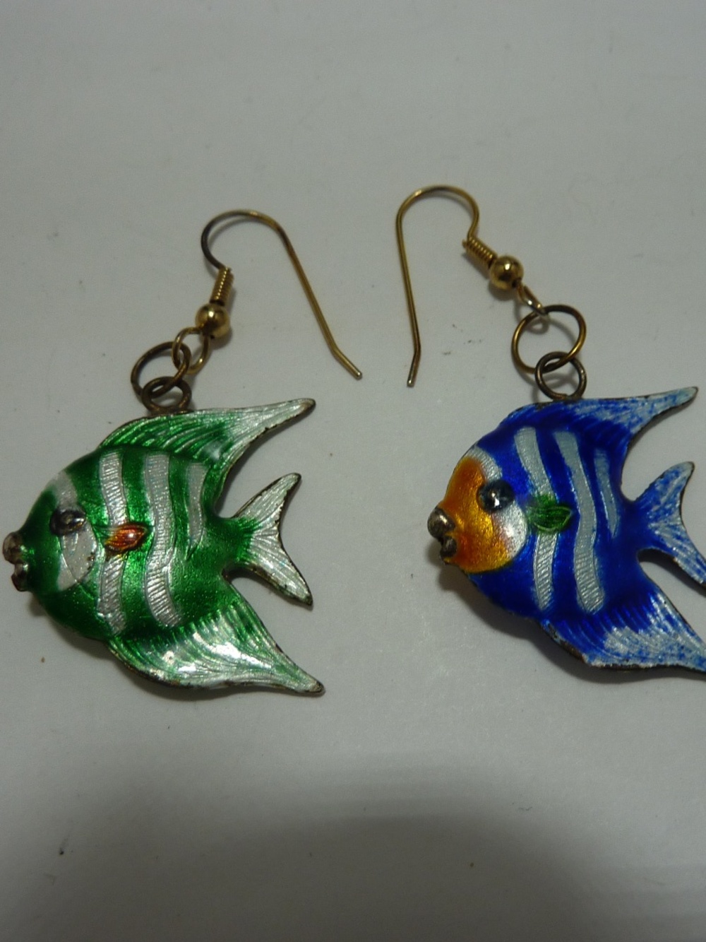 Vintage Cloisonné Enamel Angelfish DANGLE Earrings with BLUE  GREEN stripes.